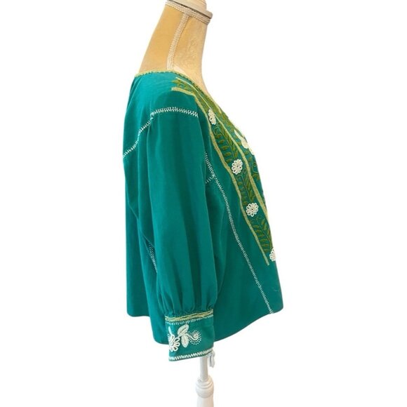 Teal Embroidered Boho Peasant Top Floral Embroidered Blouse Tassel Sleeve SZ XL - Picture 3 of 7